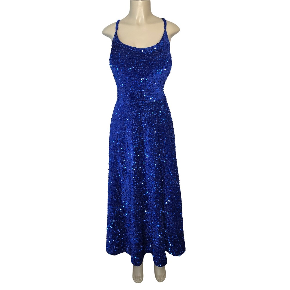Dress Gown Womens XL Blue Sequin Lace Up Back Formal Prom Evening Maxi Fairy